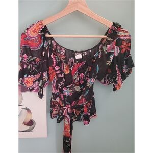 Fashion Magazine Black Floral Off-Shoulder Tie-Front Top